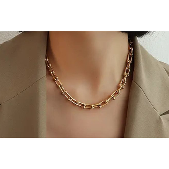 Gold U-Shaped Link Chain Necklace Chunky Horseshoe Stainless Steel Layering - Picture 2 of 3